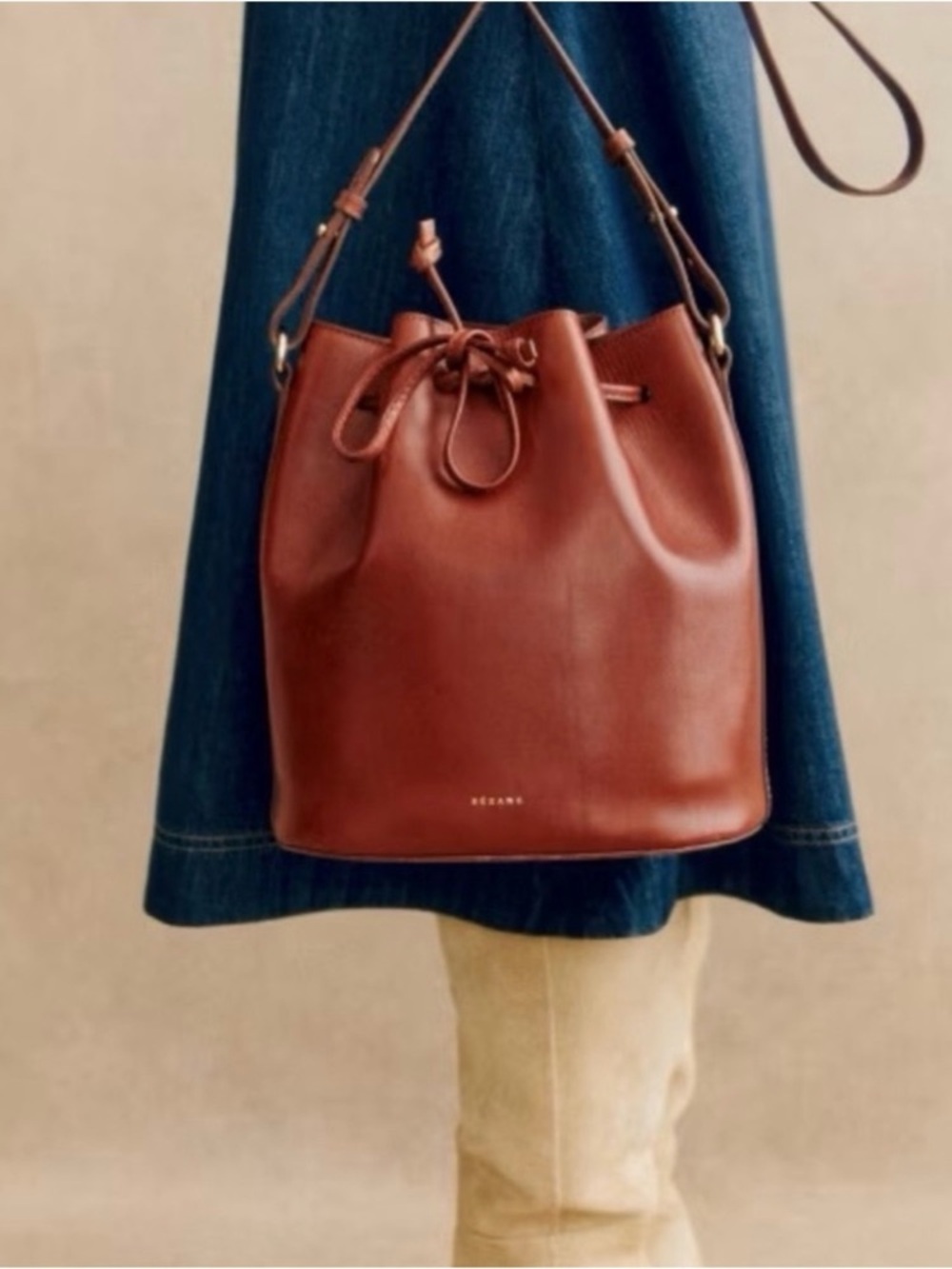 Sezane Farrow Leather Drawstring Bucket Bag in Brown PRELOVED CONDITION